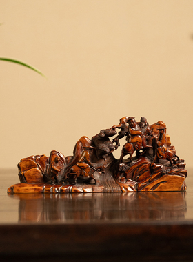 黄杨木雕人物出游图山子摆件