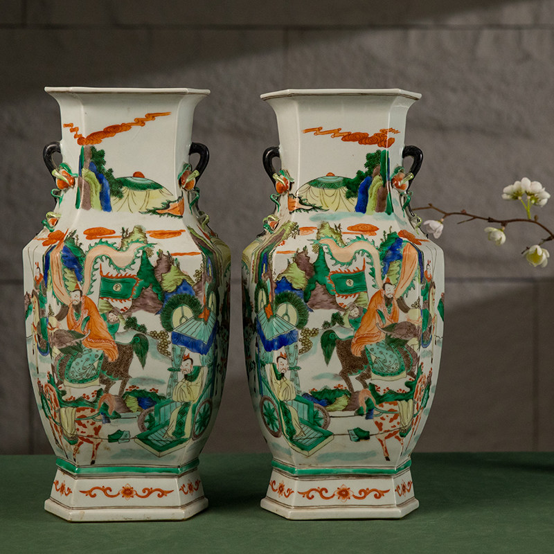 清代五彩人物故事六角瓶（一对）老物件文玩古董瓷器收藏花瓶摆件