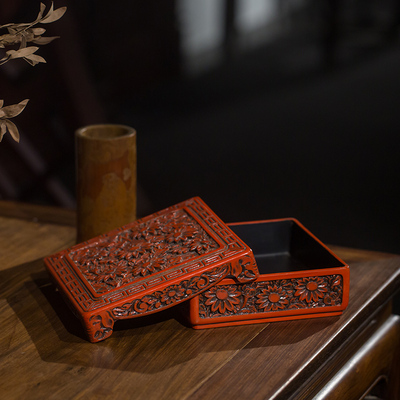 清代剔红花卉纹方形盖盒老物件文玩古董摆件大漆艺术品收藏文房盒