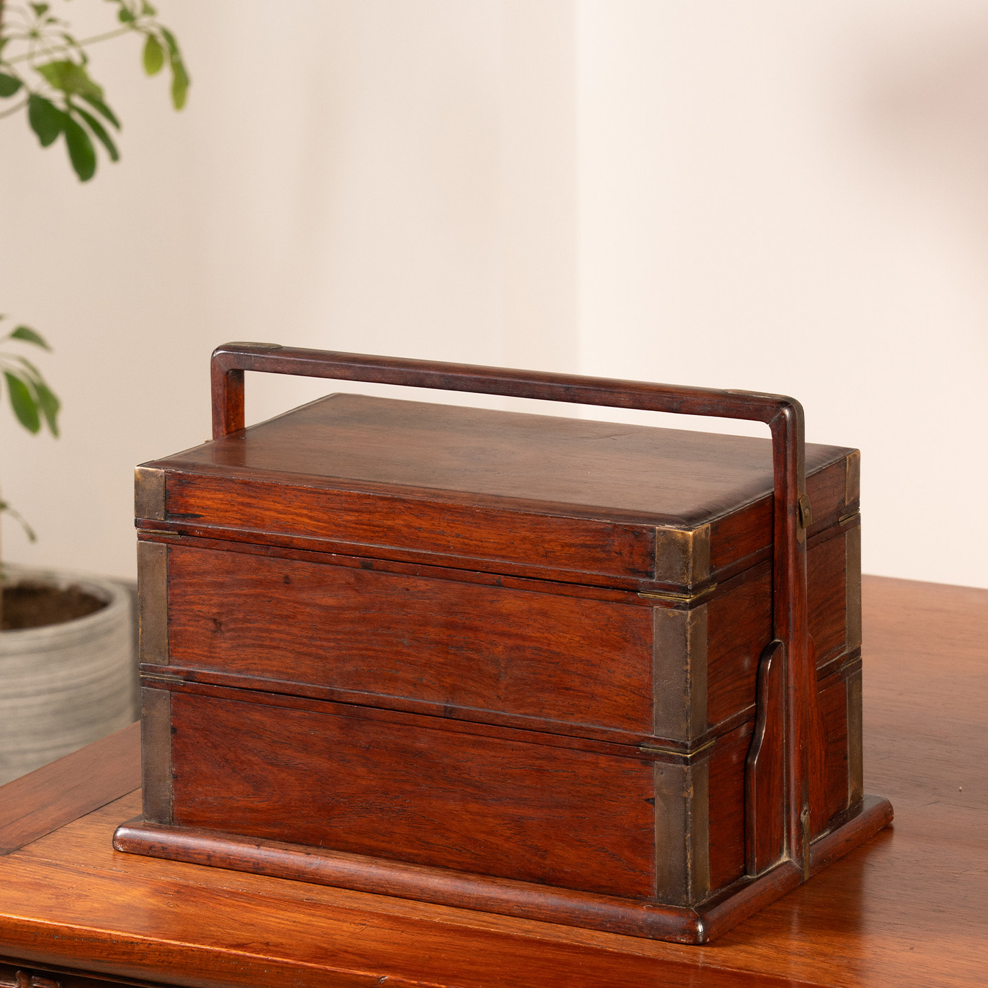 清早期黄花梨满彻两撞提梁盒古董收藏海南黄花梨文房盒