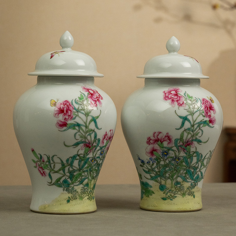 清代粉彩花卉纹将军罐（一对）文玩古董艺术品收藏中式瓷器摆件