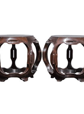 清代红木鱼门洞五足鼓墩形花几摆件（一对）老物件收藏品红木花几