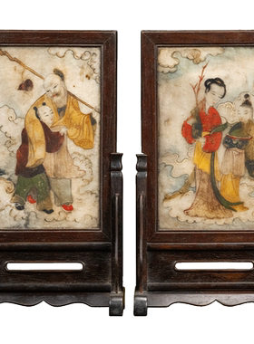 红木镶云石彩绘人物诗文砚屏