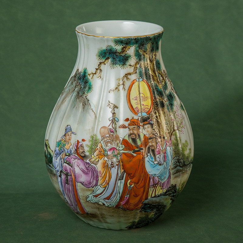 清代 珐琅彩福禄寿人物瓜棱形牛首尊文玩古董收藏瓷器艺术品摆件