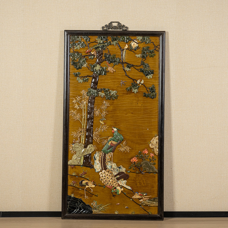 清代红木镶漆地百宝嵌百鸟朝凤挂屏古董艺术品收藏挂屏