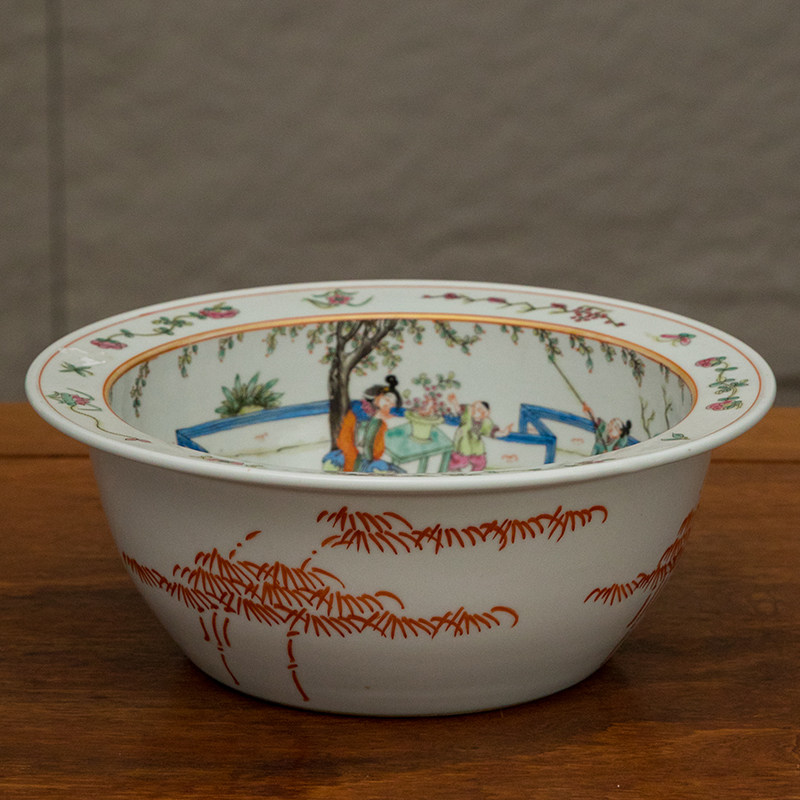 清代粉彩婴戏图折口盆老物件文玩古董收藏真品客厅办公室摆件瓷器