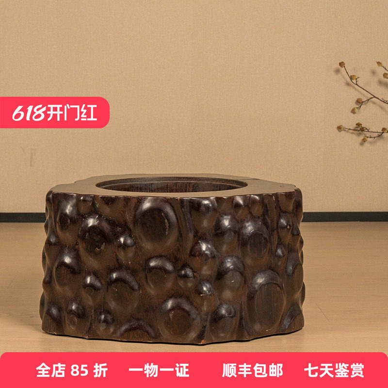 二十世纪鸡翅木雕树瘤大画缸中式家居装饰摆件鸡翅木画桶摆件