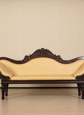 民国红木雕花卉纹皮面软包沙发