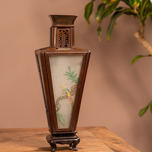 民国红木镶玻璃彩绘赏瓶灯台老物件文玩古董收藏中式桌面摆件灯架