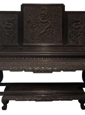 紫檀云龙纹三弯腿五屏风宝座（配脚踏）中式古典家具小叶紫檀宝座