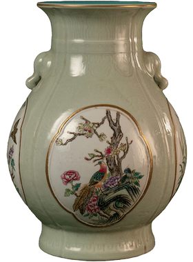 豆青釉粉彩开窗花鸟纹象耳尊