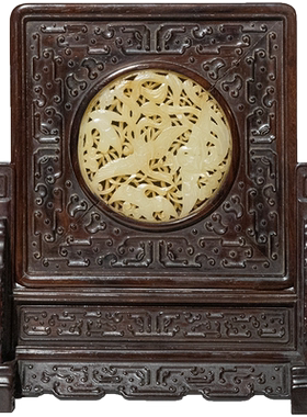 清代红木嵌玉透雕凤纹灵芝砚屏