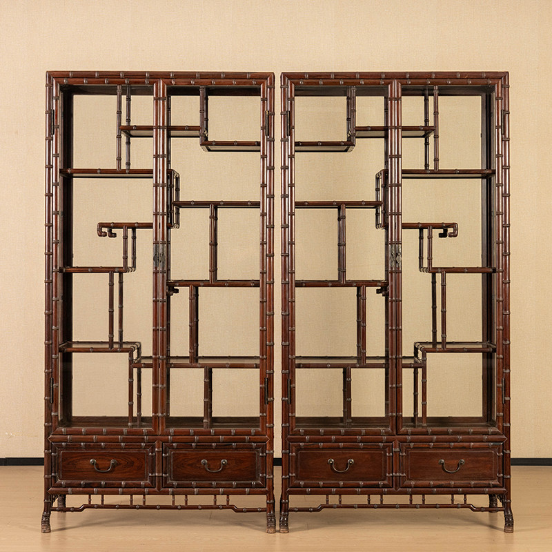 民国红木竹节工玻璃门博古架（一对）古董家具收藏苏作家居多宝格