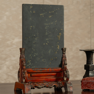清代 木雕朱漆卷草纹边座嵌金星金晕歙砚板插屏古董收藏屏风摆件