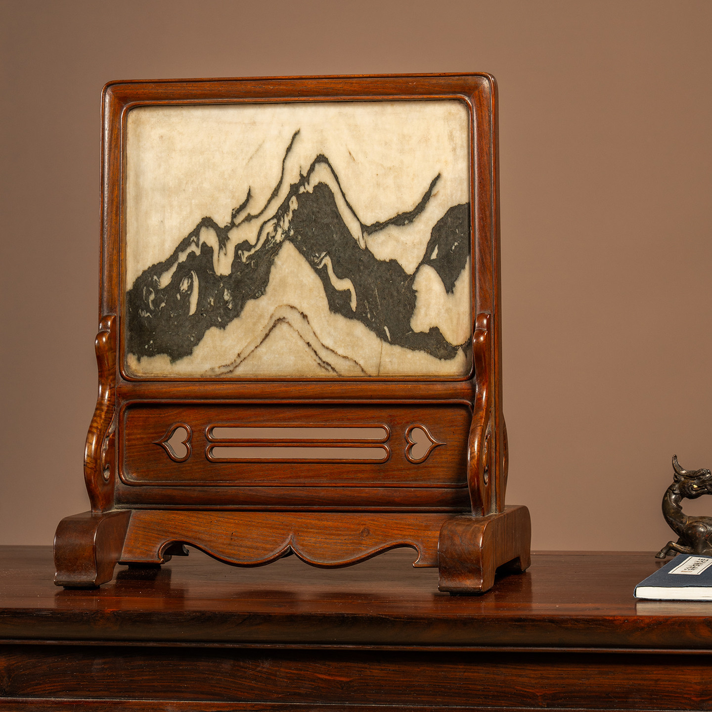 清代黄花梨云石座屏文玩古董收藏真品书房办公室桌面摆件海黄屏风