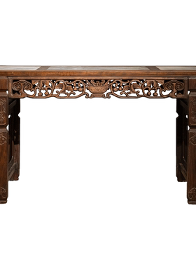 清代红木三镶云石透雕灵芝葫芦书卷式平头案明清古典家具收藏真品