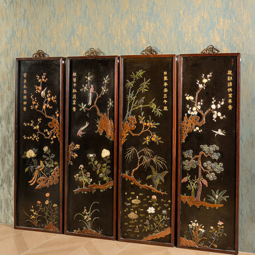 清代红木镶漆地百宝嵌花鸟四条屏