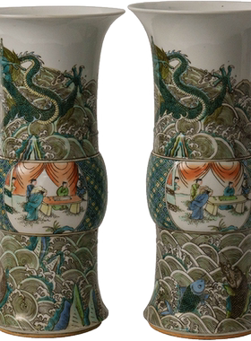 清代五彩鱼跃龙门花觚（一对）