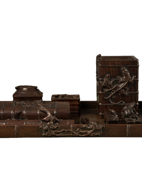 红木雕竹节螭虎纹文具成套