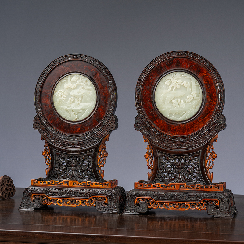 红木及黄杨木镶瘿木嵌玉插屏