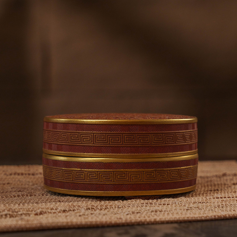 清代 红釉描金螭龙纹圆形盖盒老物件文玩古董瓷器收藏储物盒摆件