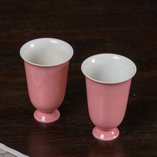 清代桃红釉高足杯（一对）文玩古董收藏瓷器艺术品真品茶杯酒器