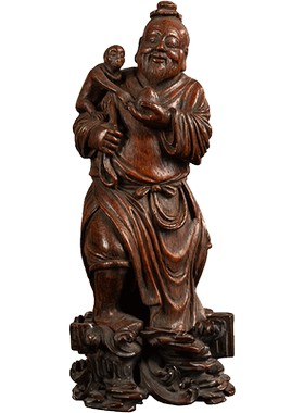 竹雕灵猴献寿老人摆件