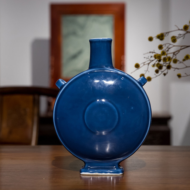 清代霁蓝釉双耳扁壶文玩古董瓷器艺术品收藏真品客厅中式装饰摆件