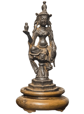 清代铁制自在观音像（黄杨座）文玩古董收藏客厅供奉摆件观音像