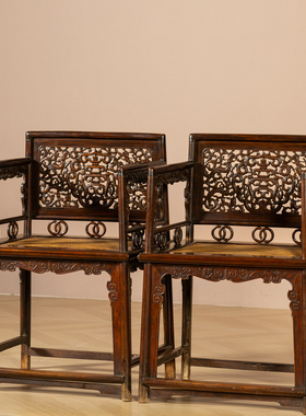 清代黄花梨透雕螭龙玫瑰椅一对