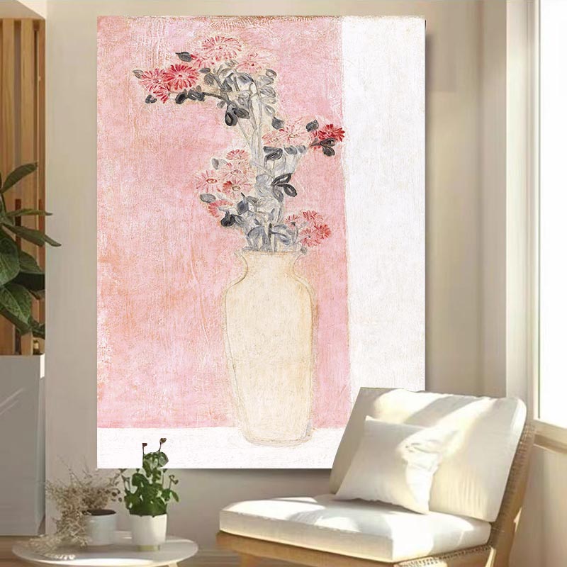 常玉粉色花卉 高级感艺术画布 卧室客厅白墙装饰挂布背景布挂毯图片