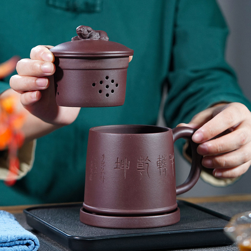 听壶居宜兴紫砂杯茶杯带盖过滤隔茶内胆杯隔舱水杯子办公杯泡茶杯