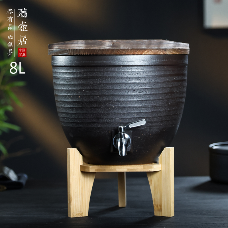 听壶居 宜兴紫砂水缸家用厨房储水缸带龙头粗陶水罐自助茶水缸8升