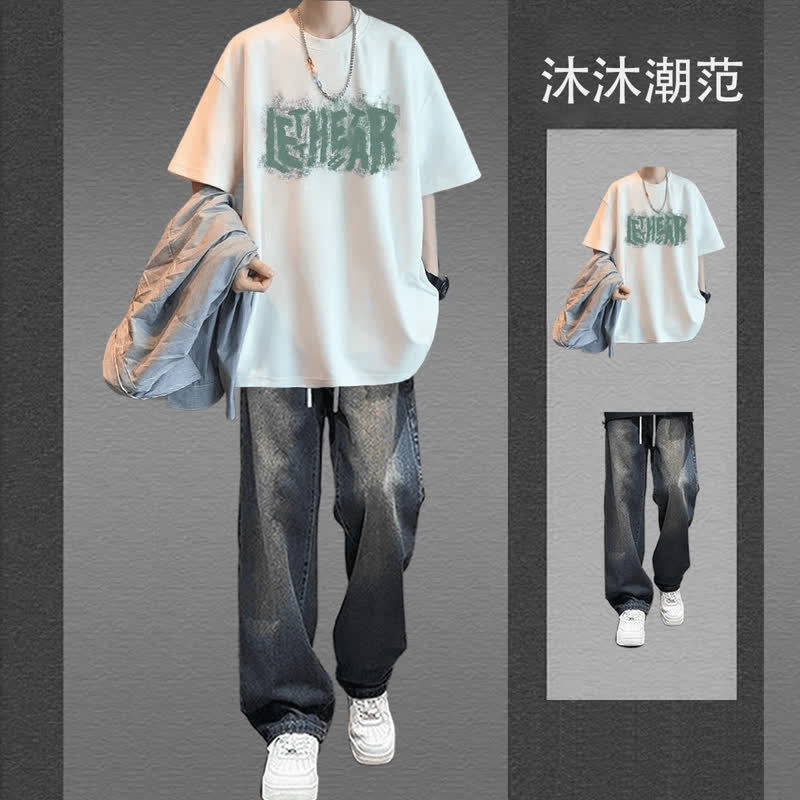 夏季短袖t恤套装潮流男装一套休闲学生搭配高街牛仔裤帅气两件套