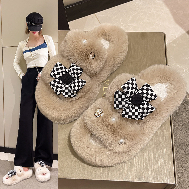 小香风厚底毛毛棉拖鞋女外穿in
