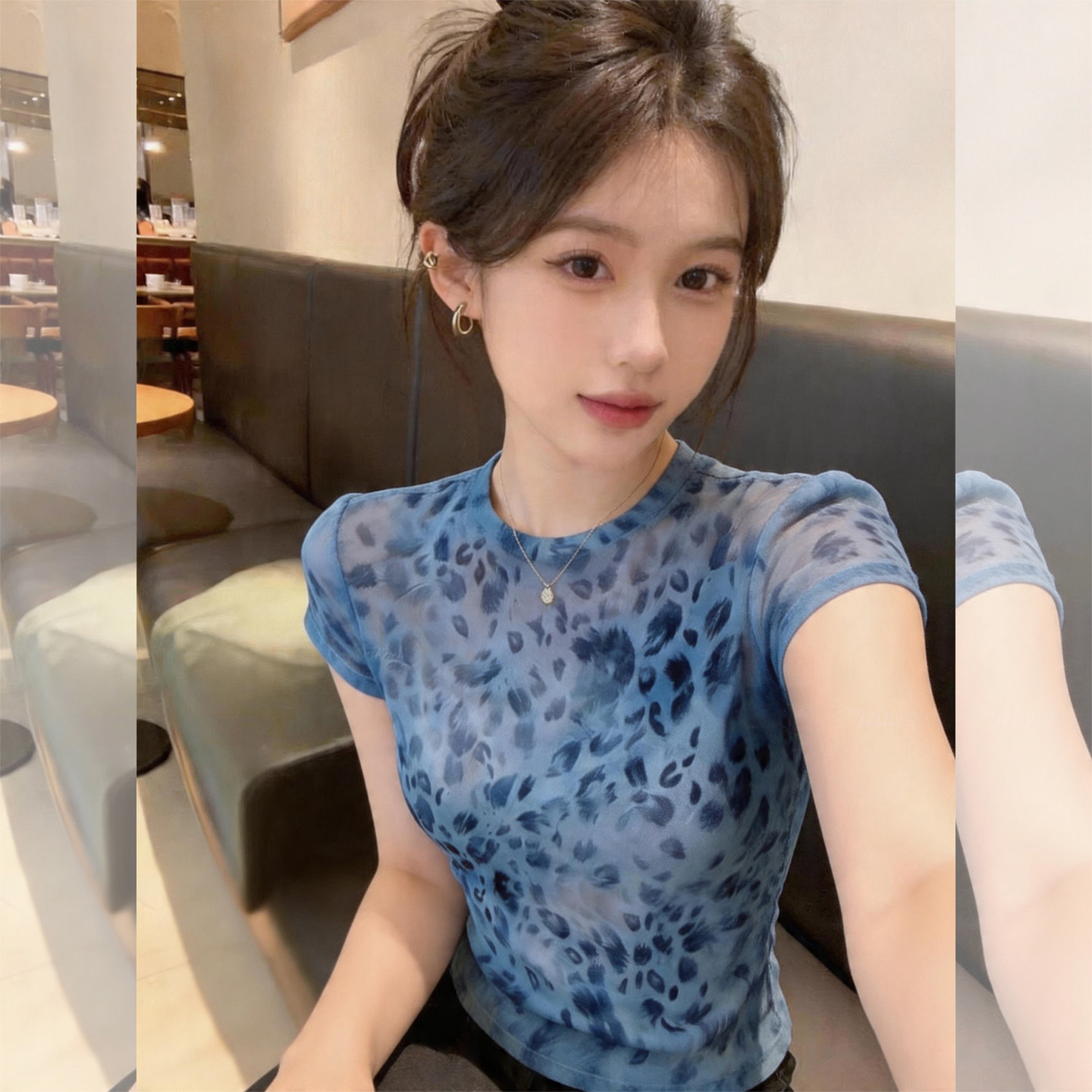 夏季穿搭洋派豹纹蓝色短袖T恤时髦女装短款独漂亮上衣2026新0527e