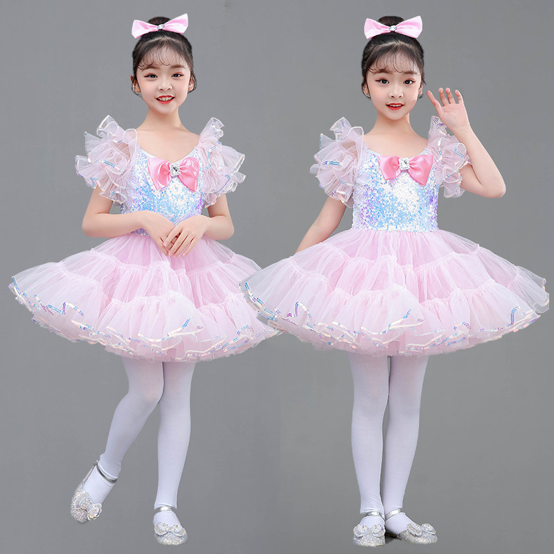 六一儿童演出服蓬蓬裙公主粉色蝴蝶结亮片连衣裙幼儿园舞蹈表演服