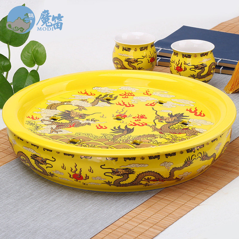 茶盘托盘家用圆形功夫茶具干泡盘储水嵌入式泡青花瓷茶台茶海简约