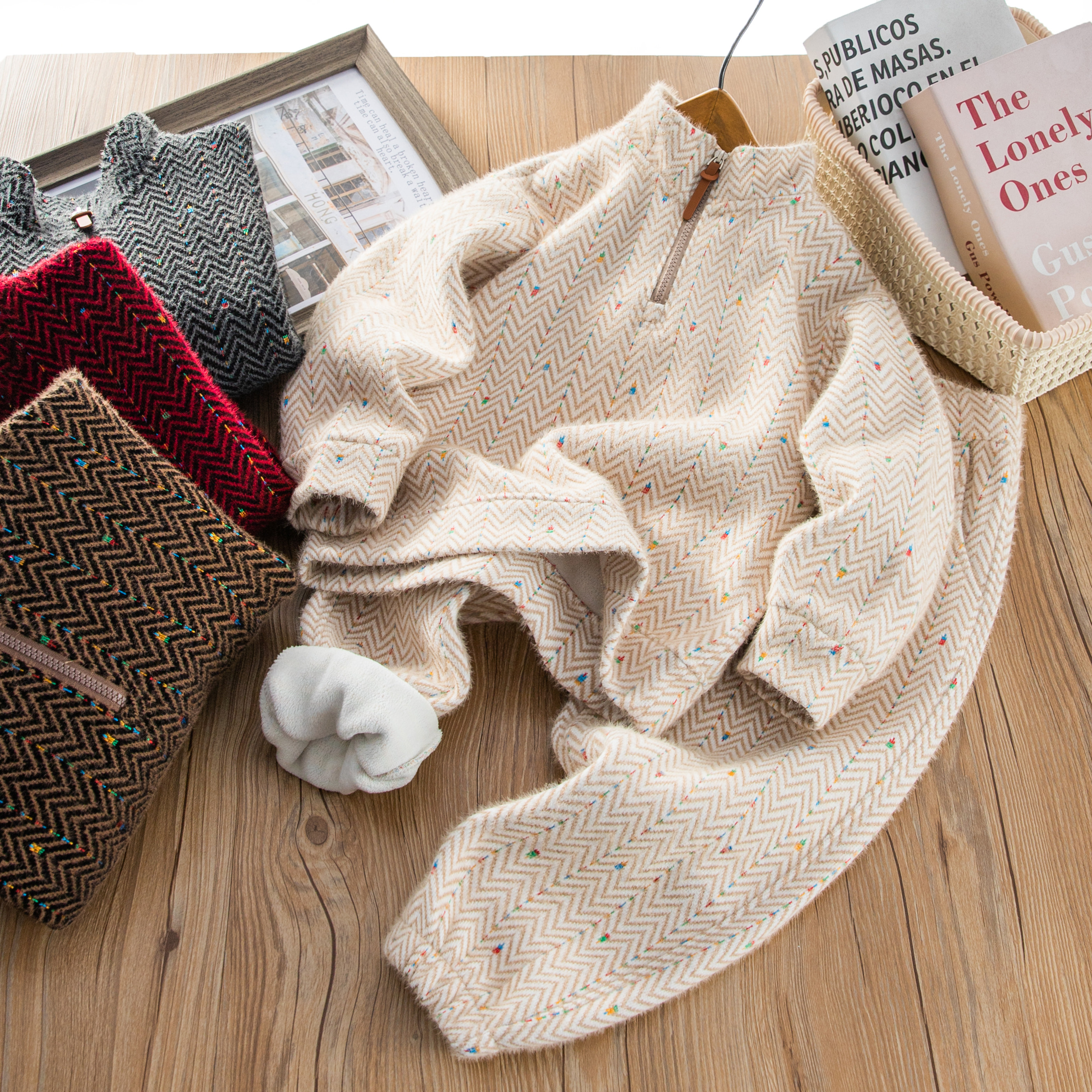 2026冬男女童半拉链时尚纹理设计加绒休闲套装中大童舒适百搭保暖,童装/婴儿装/亲子装,套装,淘宝优惠券,粉丝福利购,淘宝优惠卷