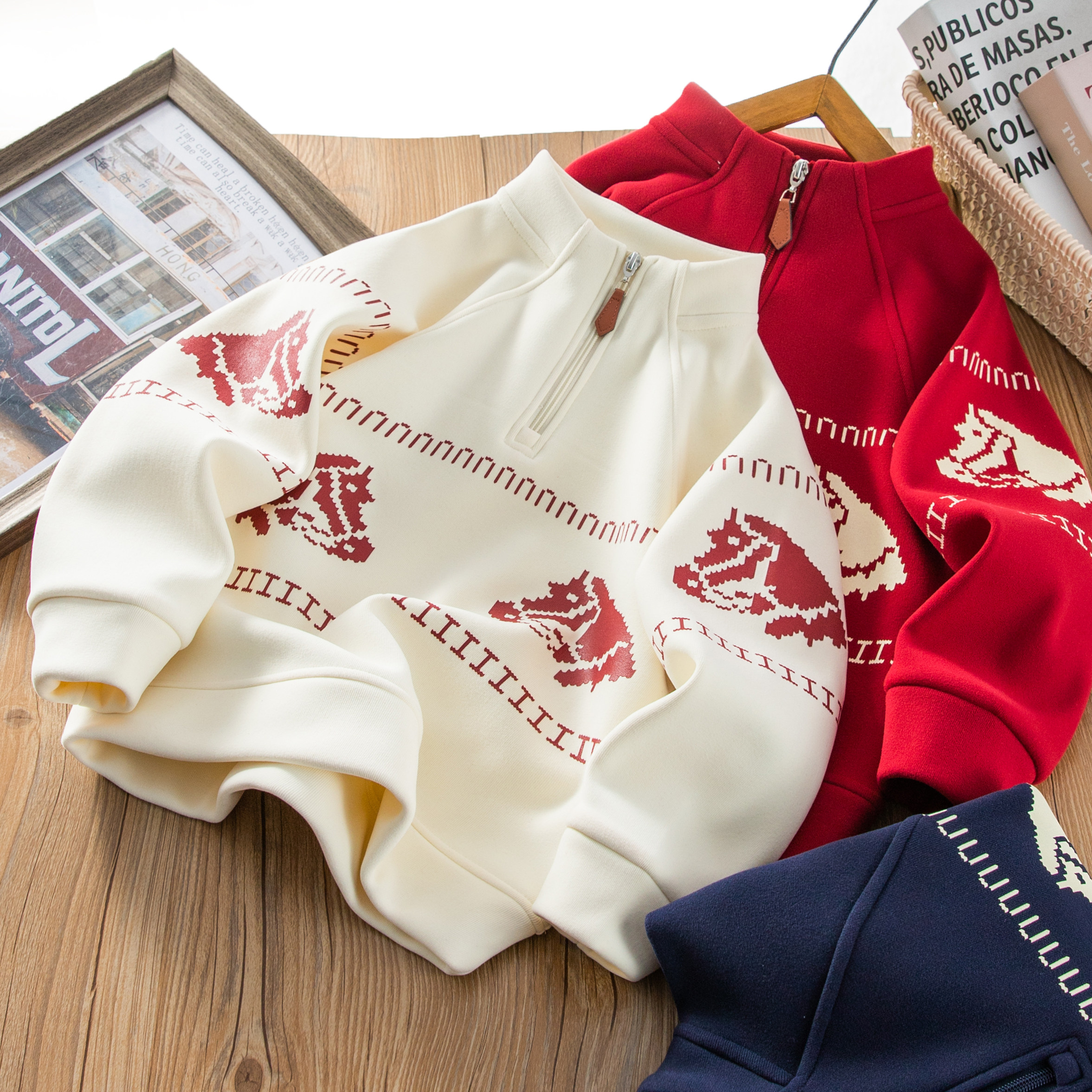 中大童2026马年拜年服胸前印马半拉链加绒卫衣男女童舒适百搭休闲,童装/婴儿装/亲子装,卫衣/绒衫,淘宝优惠券,粉丝福利购,淘宝优惠卷