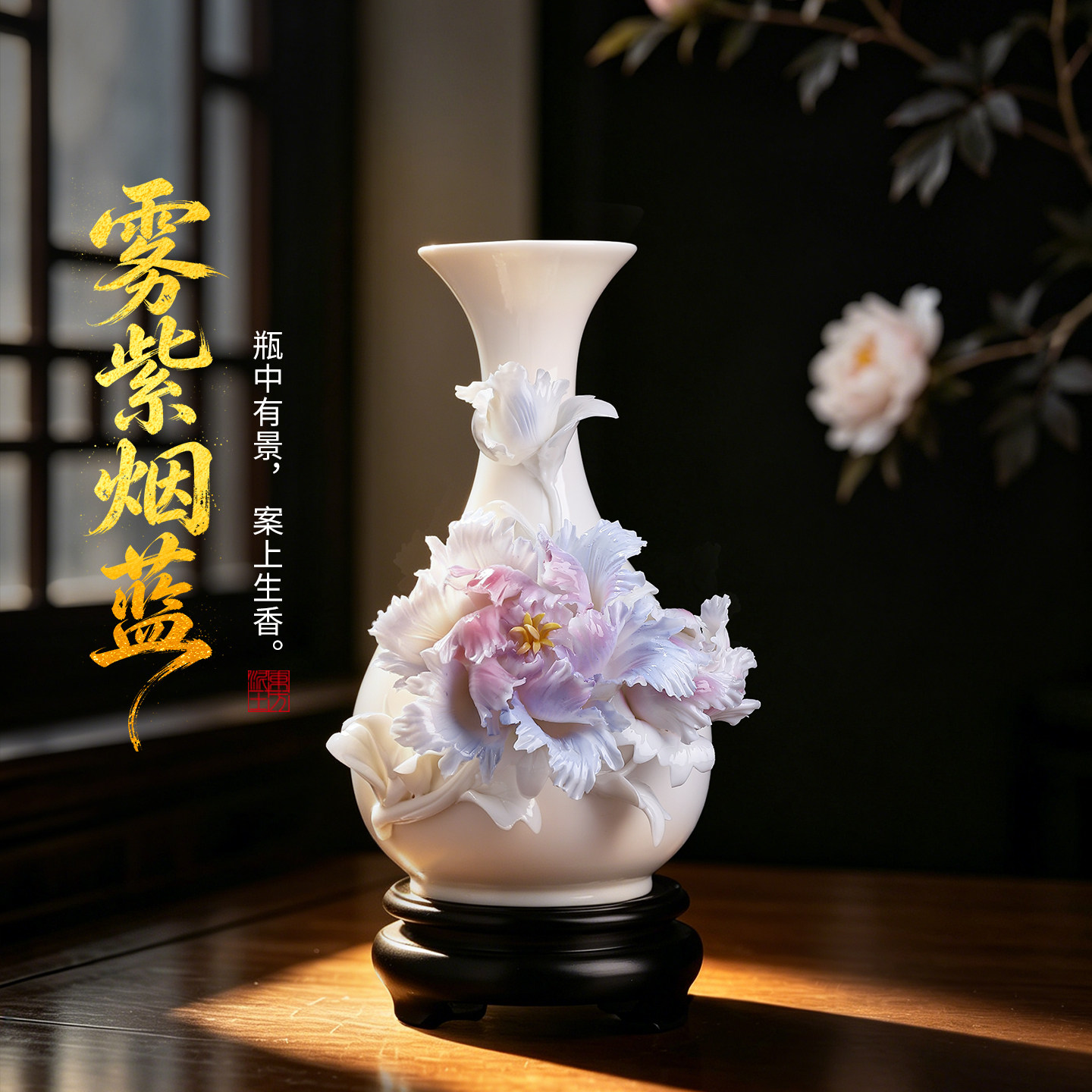 非遗手工牡丹陶瓷花瓶LOGO定制