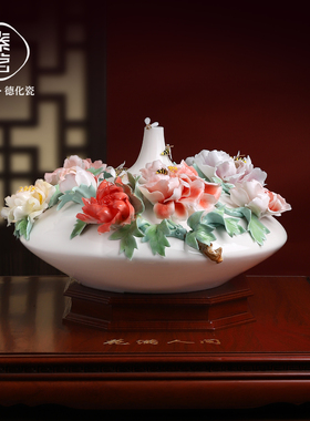 非遗手工釉下彩牡丹瓷花瓶摆件