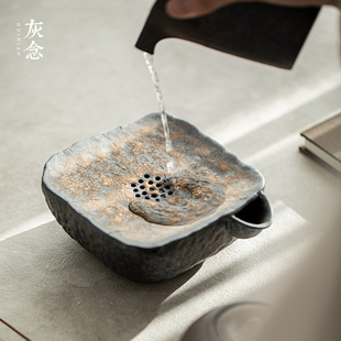 石韵方壶承陶瓷鎏金釉茶盘客厅干泡台储水式 灰念复古日式 单层茶承