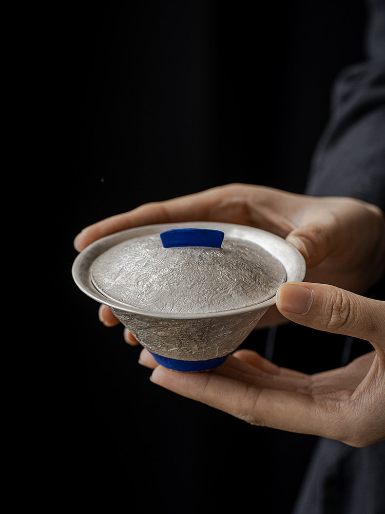 全手工薄轮胎覆盖碗茶杯镀金银茶机家用纯银描银茶碗Wabi-Sabi风