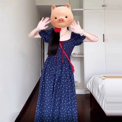 丝语茶歇法式蓝色碎花连衣裙女夏季新款小个子温柔风气质收腰