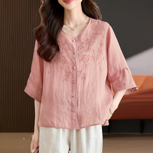 專柜高端苧麻刺繡襯衫 新款 寬松媽媽遮肚子顯瘦減齡小衫 女2025夏季