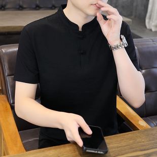 休闲上 专柜中国风棉麻立领t恤男短袖 夏季 高端复古有领polo衫 唐装