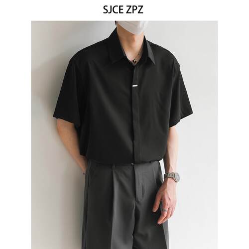 ZPZ夏季上衣韩国高级垂感短袖衬衫 男士潮流宽松半袖免烫纯色衬衣
