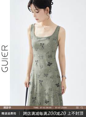 桂儿牛奶丝画意蝴蝶美学印花修身连衣裙女法式收腰背心长裙