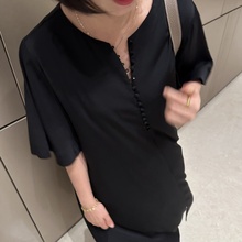 简约，时髦！气质圆领单排扣短袖a字长款前开叉设计感真丝连衣裙